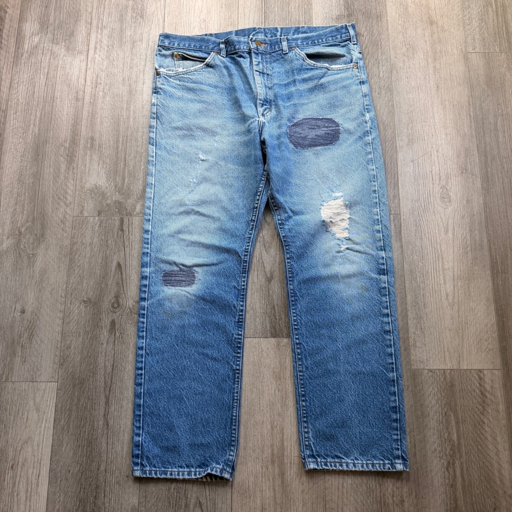 Vintage 80s Lee Mens 40x30 Honeycomb Distressed Jeans Union Made Patched